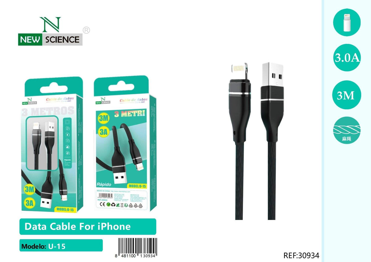 USB kabel za punjenje – 1 do 3 m (U-12 – U-15) – iPhone (Lightning), 3 m, Crna