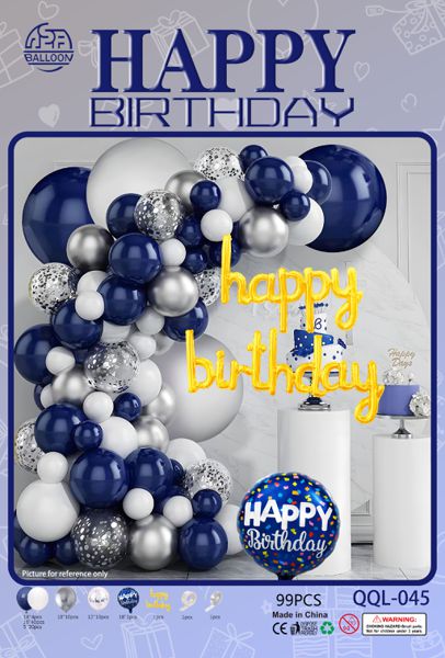 Set balona za girlandu i luk – tamnoplavo-srebrni, Happy Birthday, br. 32177