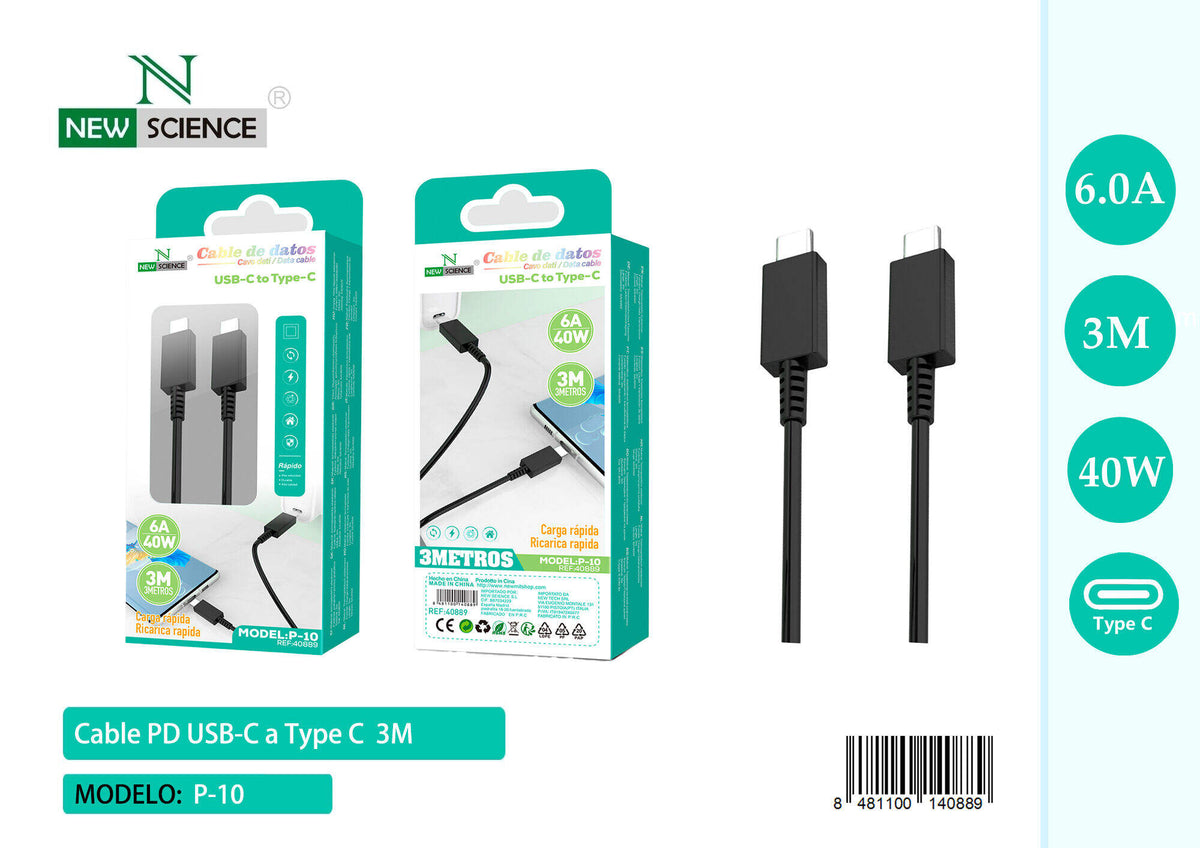 Kabel USB-C na USB-C 40 W – 1 do 3 m (P-10) – 3 m, Crna