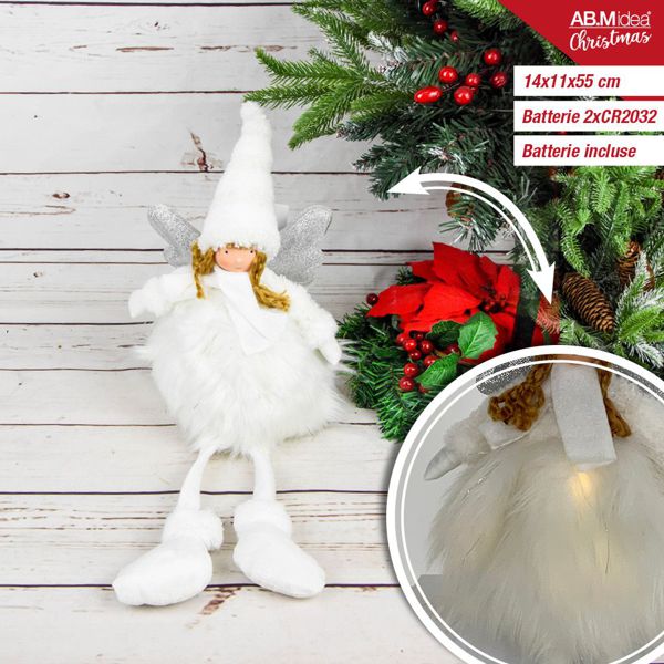 Ukrasna lutka anđeo s krilima – bijela, 55 cm, s LED