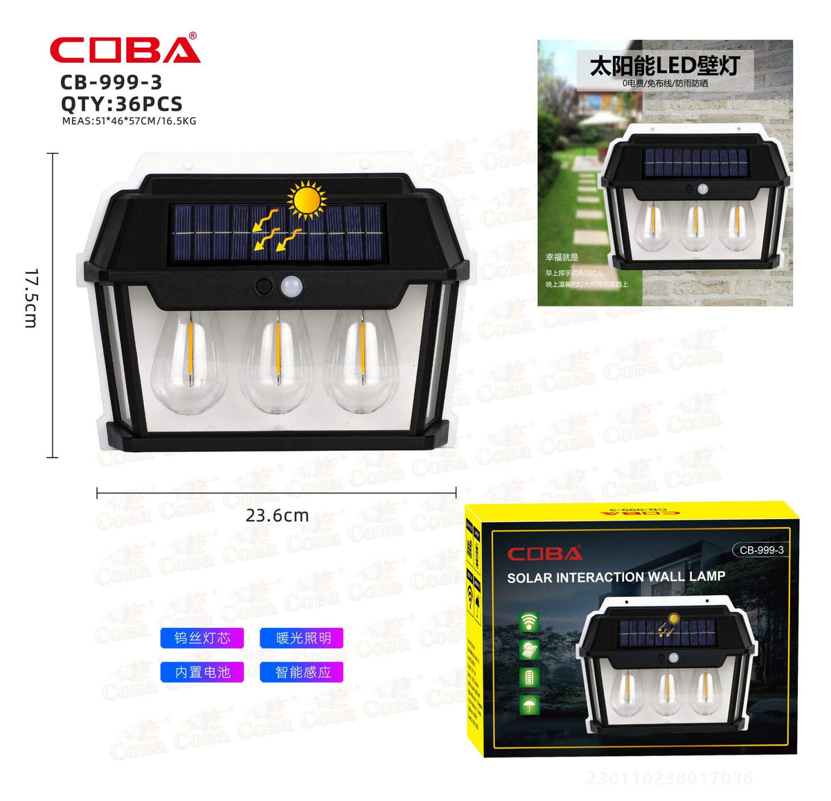 Solarna zidna LED lampa – fenjer, velika (CB-999-3)