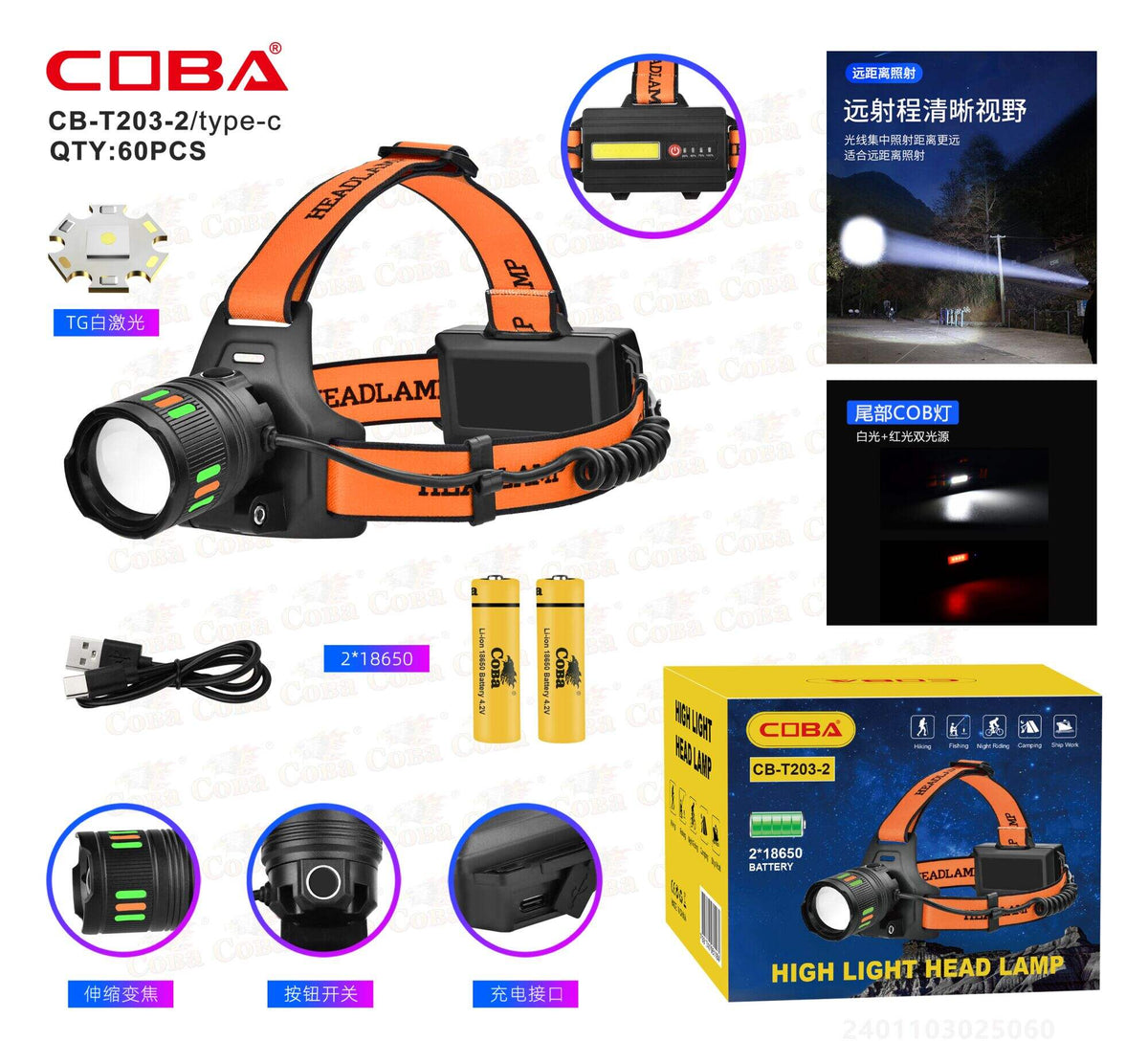 Punjiva LED naglavna svjetiljka sa zoomom (CB-T203-2)