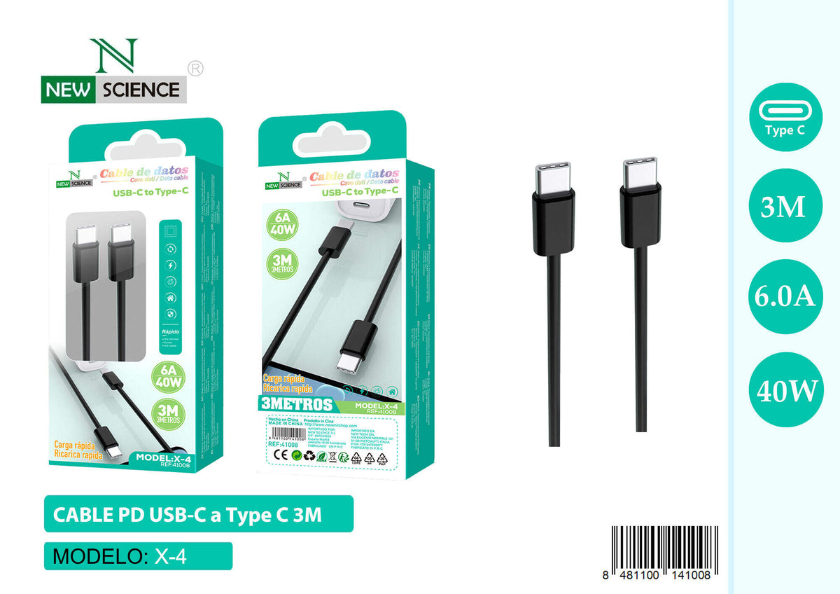 Kabel USB-C na USB-C 40–60 W – 1 do 3 m (X-4) – 3 m, Crna