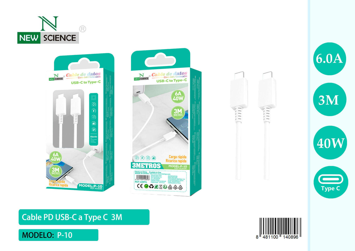 Kabel USB-C na USB-C 40 W – 1 do 3 m (P-10) – 3 m, Bijela