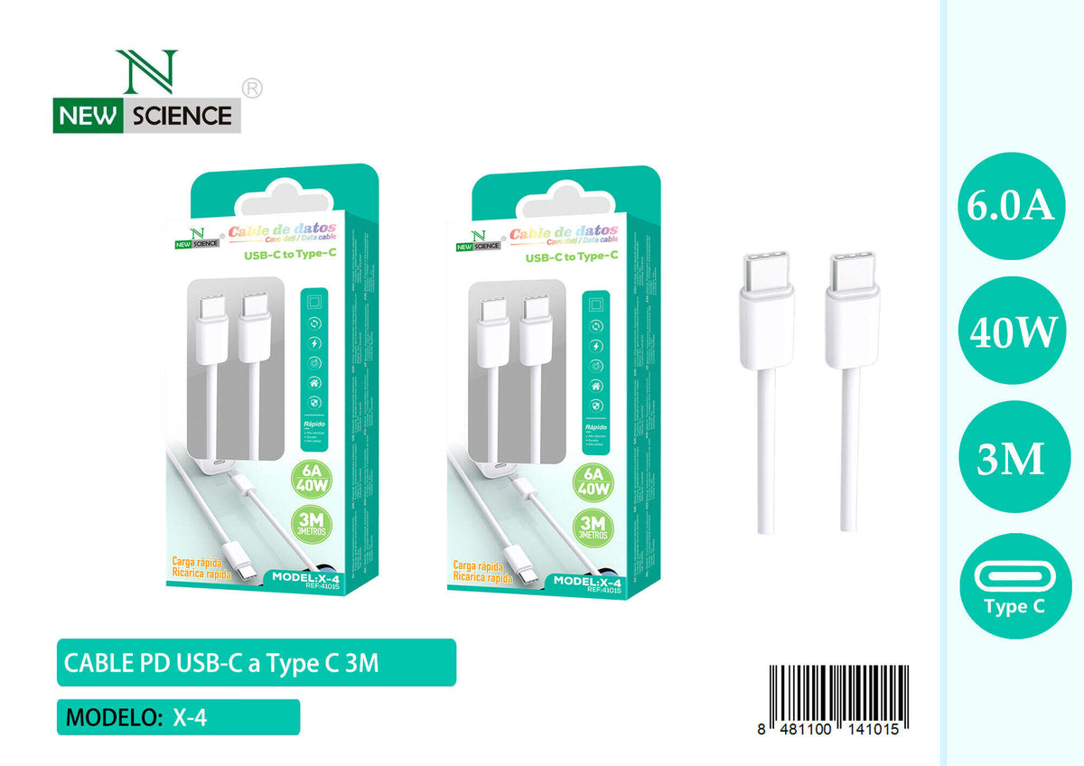 Kabel USB-C na USB-C 40–60 W – 1 do 3 m (X-4) – 3 m, Bijela