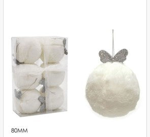 Kugle za bor 6 kom; promjer 8 cm; bijelo krzno