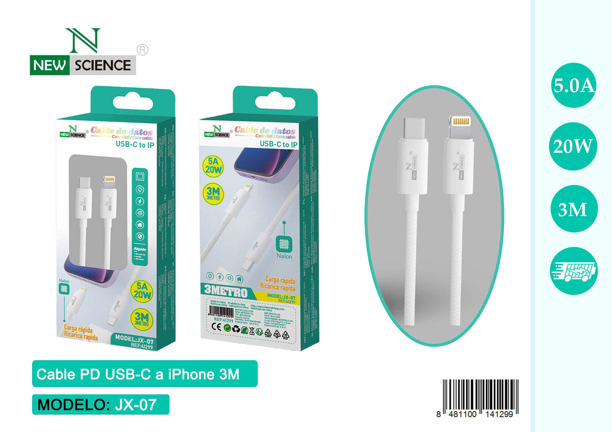 Kabel USB-C na iPhone 20 W, 3 m – bijeli (JX-07)