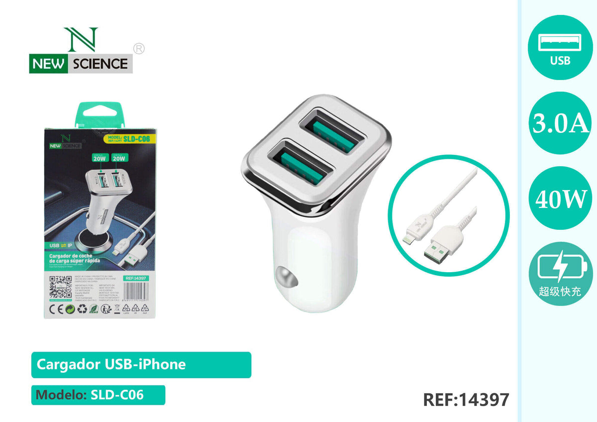 Auto punjač s kabelom – 2× USB, kabel za iPhone