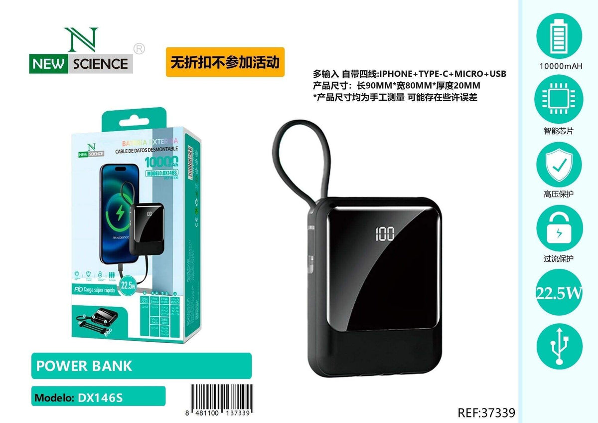 Powerbank 10000 mAh s ugrađenim kabelima (DX146S) – Crna