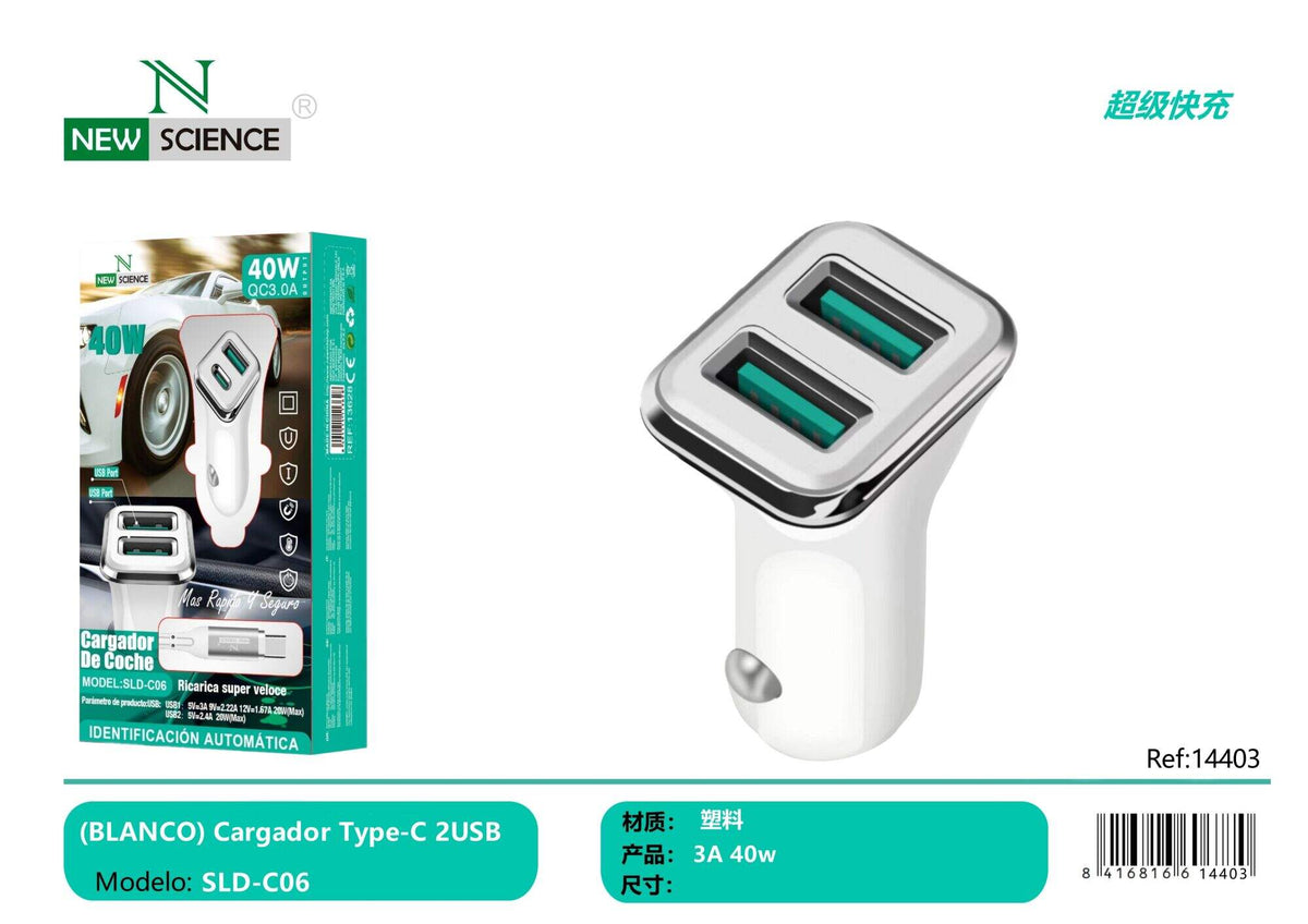 Auto punjač s kabelom – 2× USB, USB-C kabel