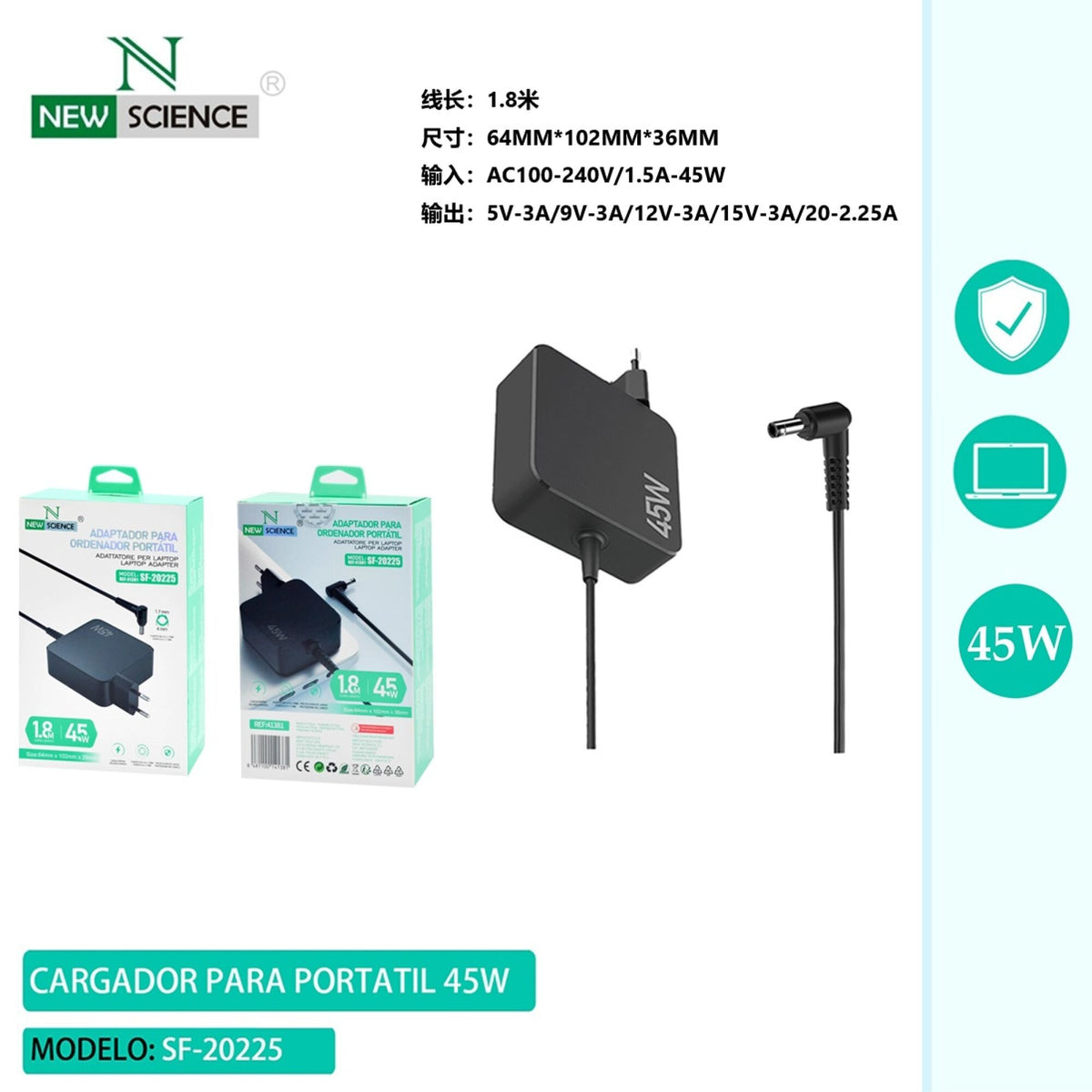 Punjač za laptop 1,8 m (SF-20325, SF-20225) – 45 W
