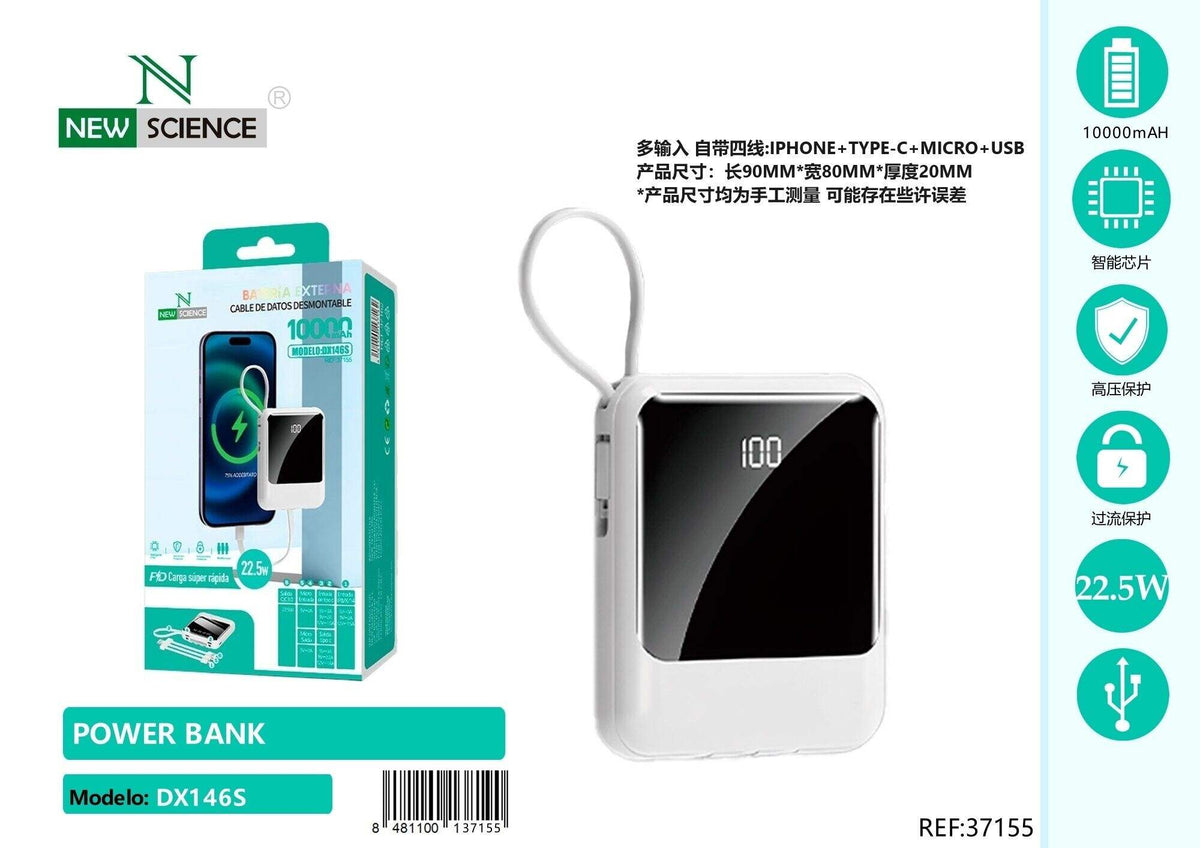 Powerbank 10000 mAh s ugrađenim kabelima (DX146S) – Bijela
