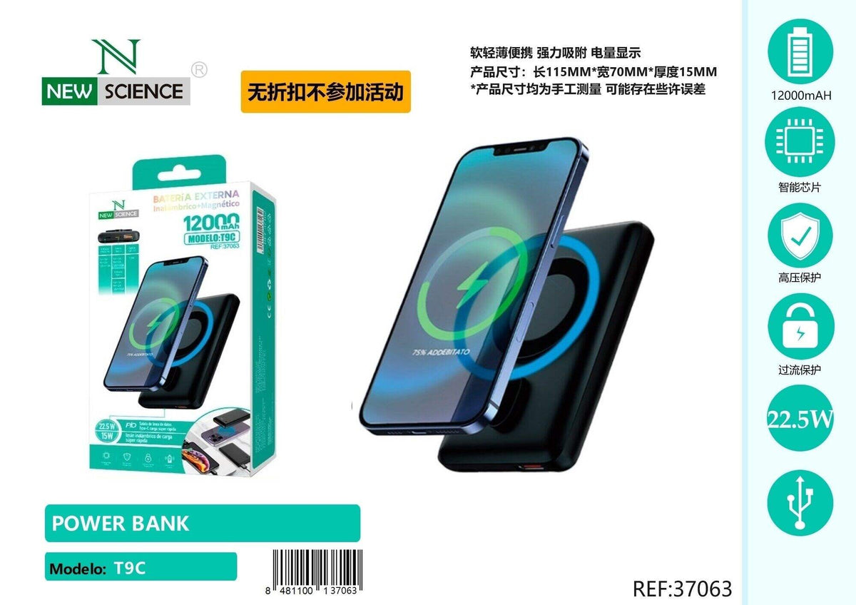 Powerbank 12000 mAh s bežičnim punjenjem (T9C) – Crna