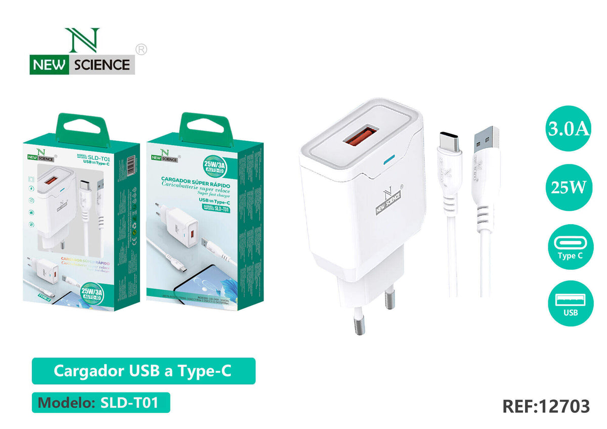 Kućni punjač USB 3 A s USB-C kabelom (T-01, T-02) – Bijela