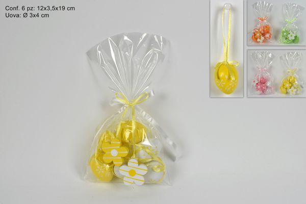 Beutel mit 6 Eiern + Holzblumen 3x4 cm -