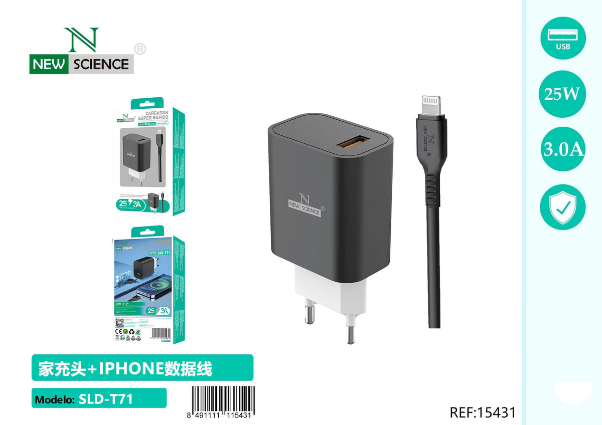 Kućni punjač 25 W (SLD-T71) – S kabelom za iPhone, Crna