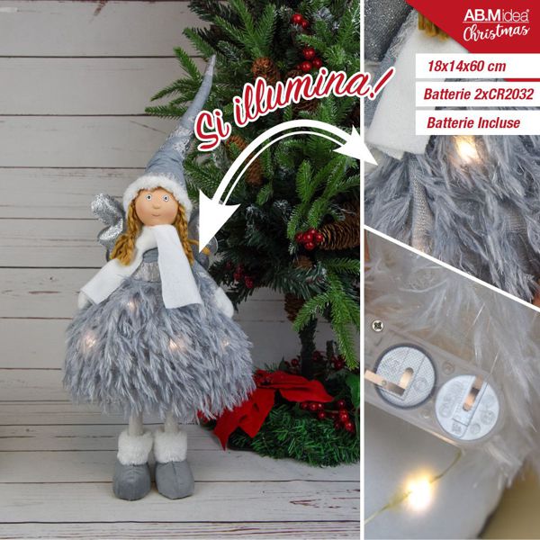 Ukrasna lutka anđeo s krilima – siva, 60 cm, s LED