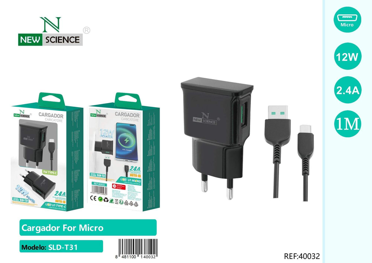 Kućni punjač 12 W s kabelom (SLD-T31) – S Micro USB kabelom, Crna