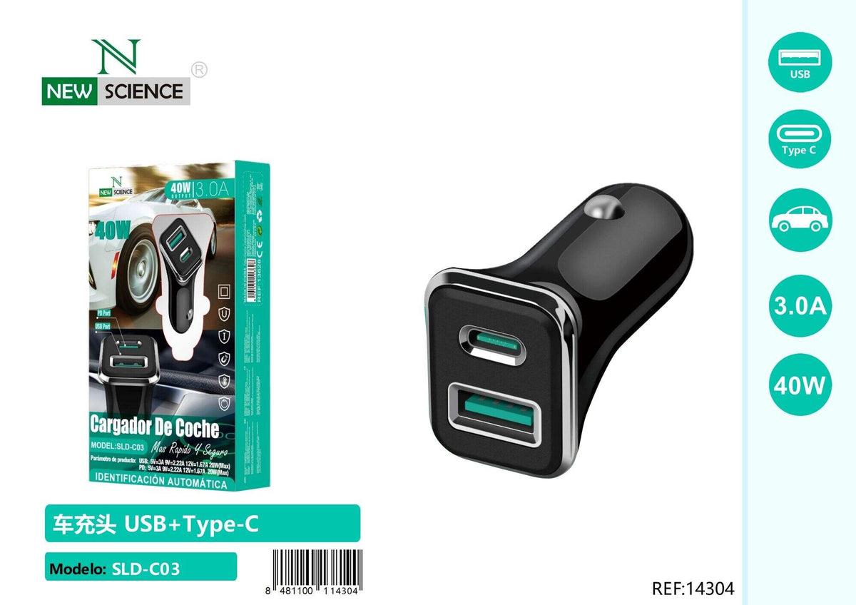 Auto punjač USB-C + USB SLD-C03 – crni